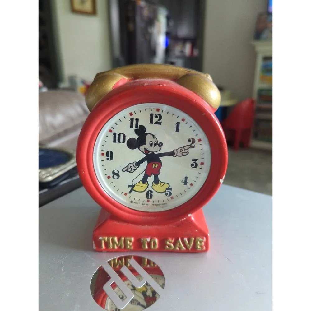Vintage Enesco Disney Mickey Mouse Bank Clock  Time To Save Japan Red & Gold